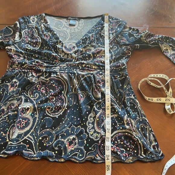 INC International Concepts Blue Paisley Print Knit Top Sparkle Dots Size Lg Y2K - Picture 11 of 11